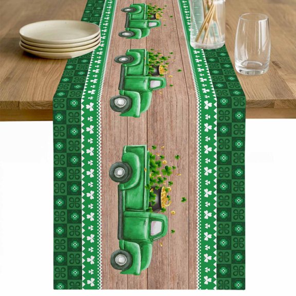 Saint Patrick's Day Table Runner 90 Inches Long Farmhouse Dress Scarves, Luck Leaves Car Brown Wooden Plaid Dining Tablerunner for Coffee Table/Kitchen Island/Party Décor, 13" x 90"