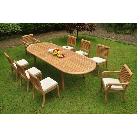 Teak Dining Set: 8 Seater 9 Pc: 117" Double Extensions Oval Dining Table & 6 Armless & 2 Arm/Captain Arbor Stacking Chairs Outdoor Patio Grade-A Teak Wood WholesaleTeak #WMDSAB65