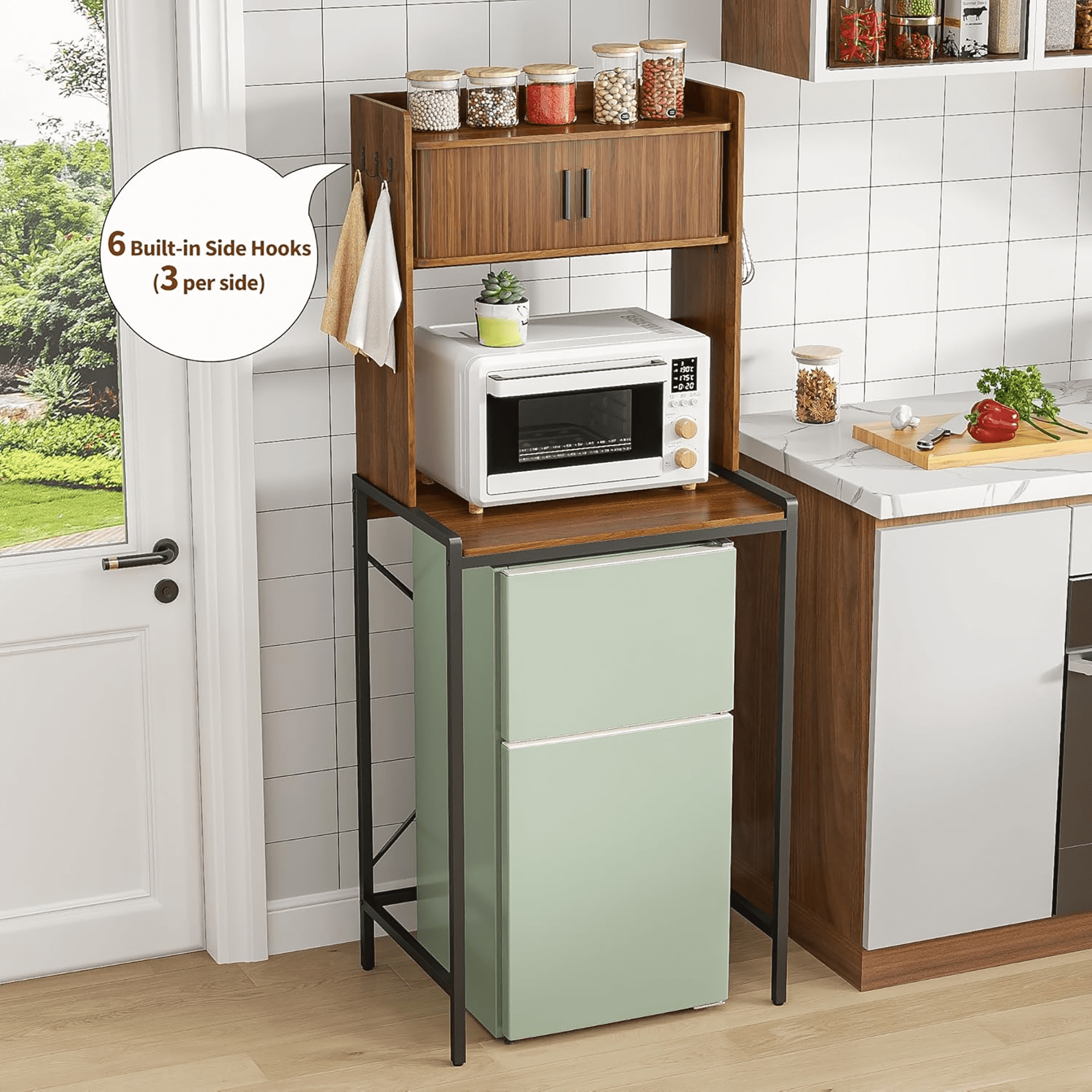 4-Tier Kitchen Bakers Rack with Mini Fridge Stand, Microwave Stand with 6 Hooks and Sliding Doors Storage for Kitchen, Dining Room, Walnut