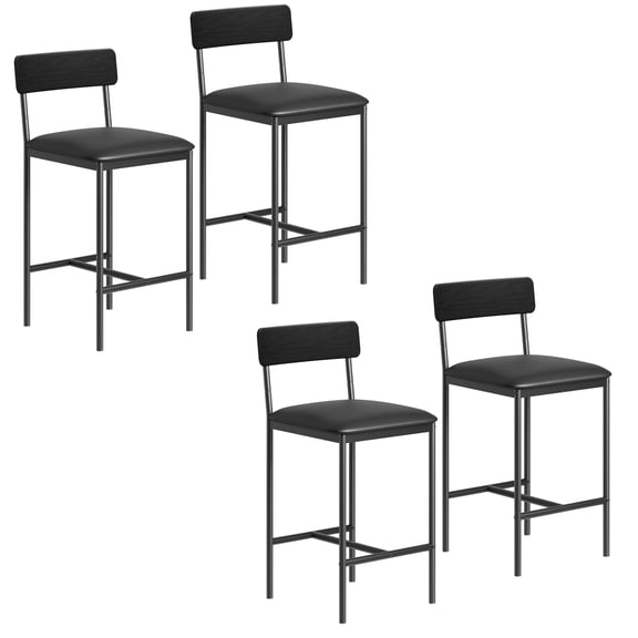 COZONY Set of 4 Modern Bar Stools, 25.5 Inch Upholstered Counter Stools with Backrest, Footrest and Sturdy Metal Legs,Black