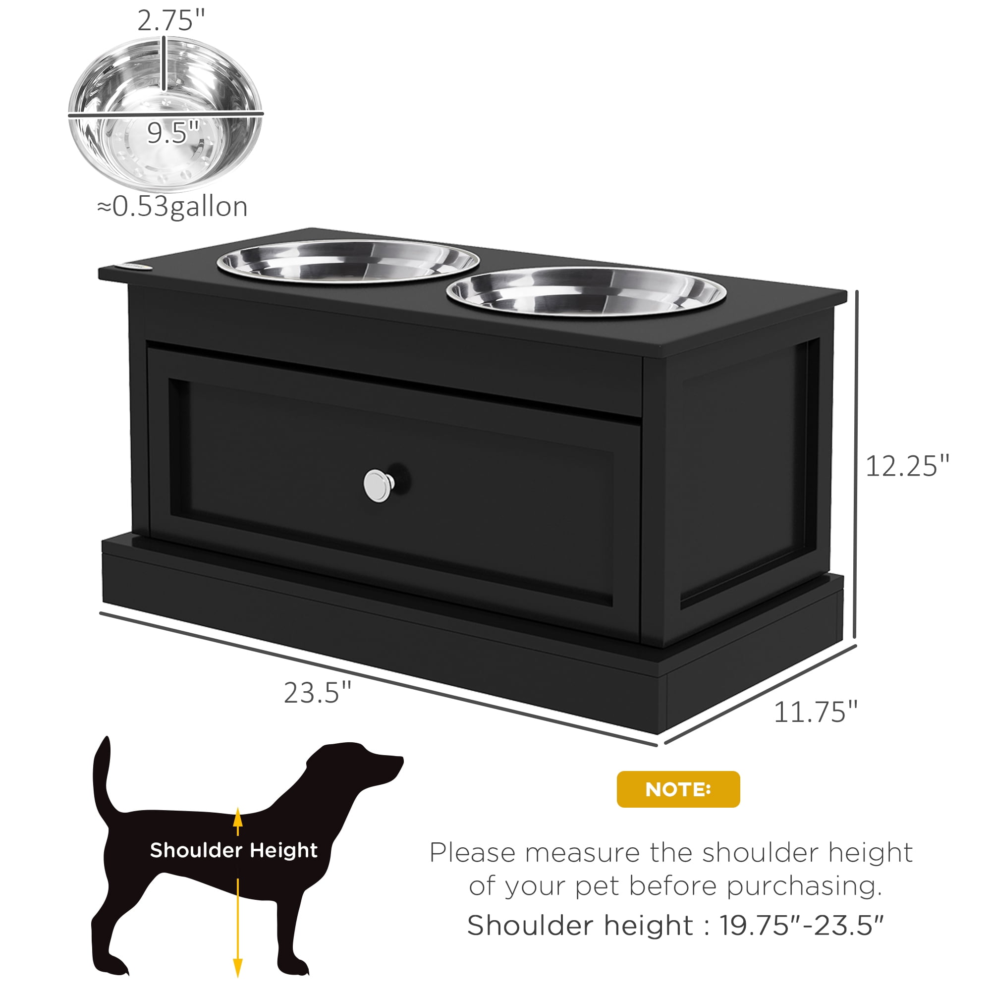 PawHut Large Elevated Dog Bowls with Storage, Raised Dog Bowl Stand, Black
