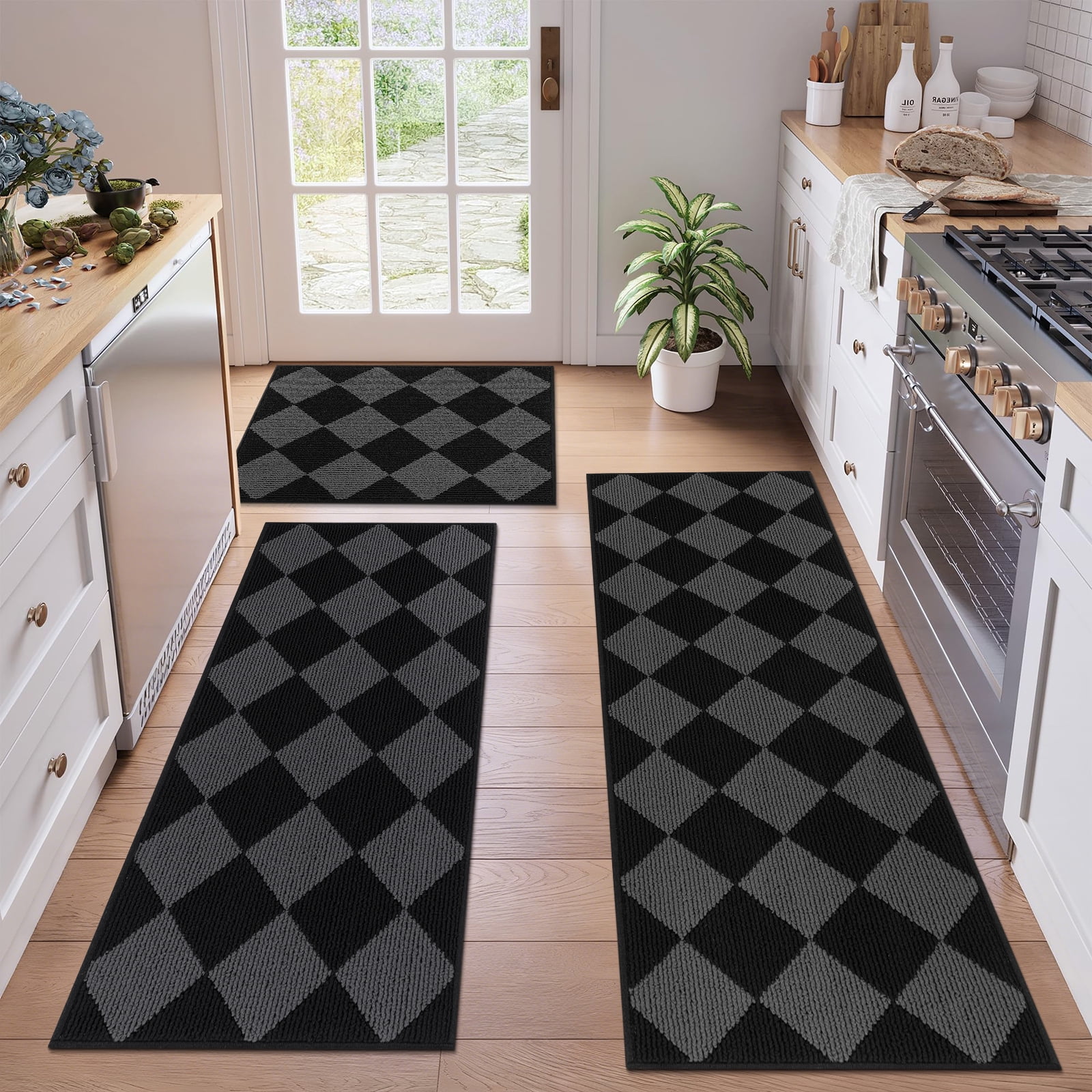 MeyJey Diamond Plaid Kitchen Rugs Sets of 3, Non Slip Kitchen Floor Mats Washable Kitchen Rug, Black Gray