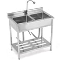 thumbnail image 1 of Garvee Évier Commercial à 2 Compartiments en Acier Inoxydable, Évier Utilitaire à Double Bol avec Robinet Pivotant à 360°, Tablette de Rangement et Pieds Ajustables, Évier de Préparation Autoportant pour Restaurant, Garage, Atelier, Extérieur, 1 of 30