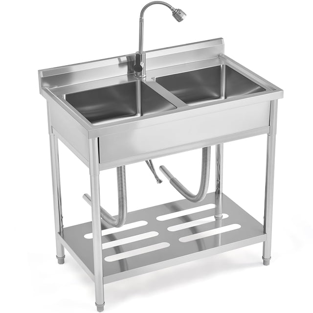 Garvee Évier Commercial à 2 Compartiments en Acier Inoxydable, Évier Utilitaire à Double Bol avec Robinet Pivotant à 360°, Tablette de Rangement et Pieds Ajustables, Évier de Préparation Autoportant pour Restaurant, Garage, Atelier, Extérieur