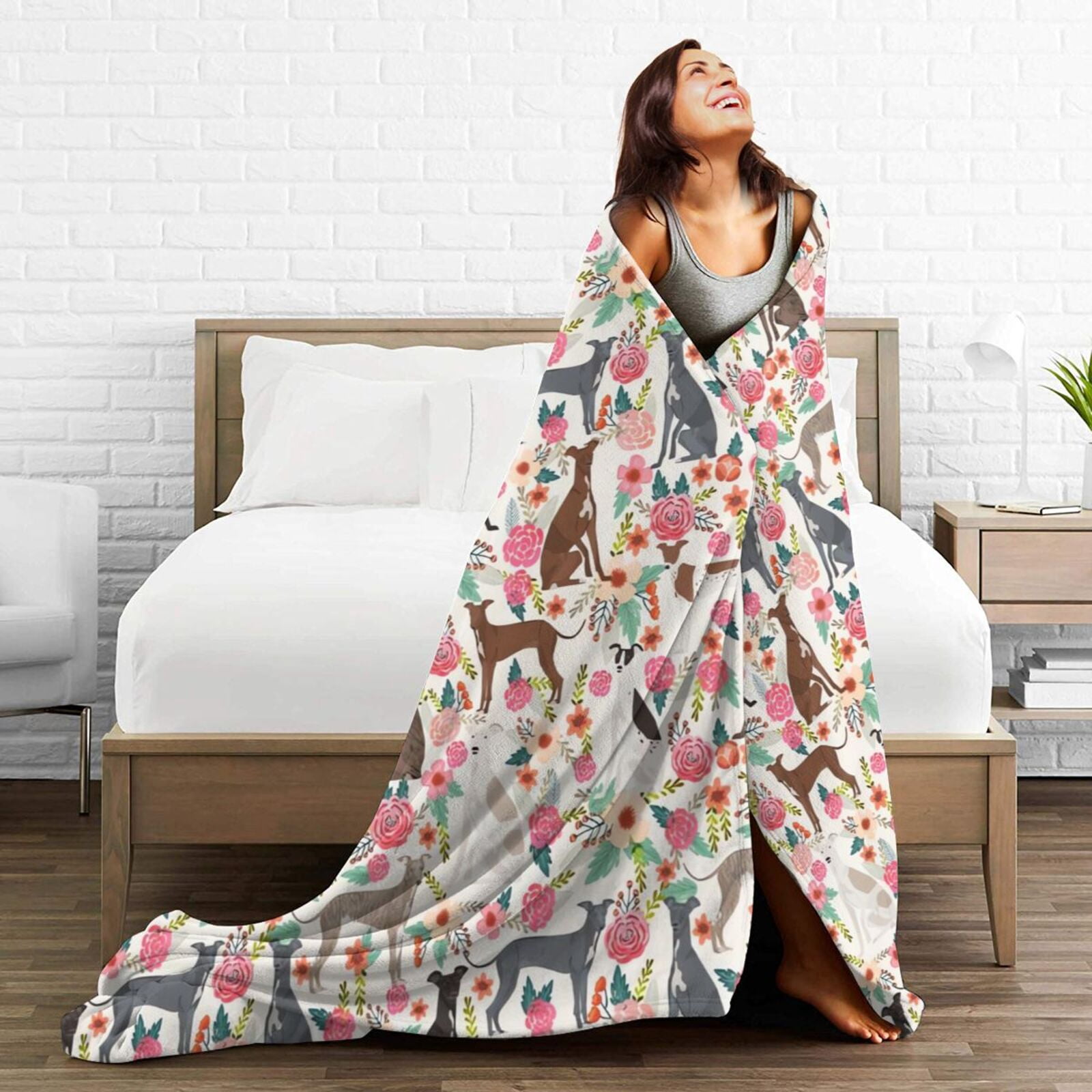 Italian Greyhound Dogs Lovers Flower Floral Blanket Gifts For Kids Adults - Lightweight Throw Blanket For Bedroom Living Room Decor Soft Fuzzy Fleece Cozy Plush Bed Couch 50"X40"