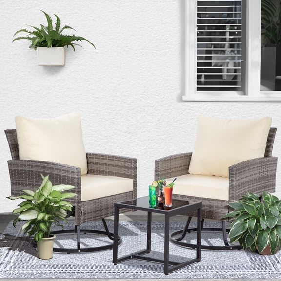 Ainfox Patio Swivel Bistro Set,3-Piece Ourdoor Furniture Set,Wicker Rattan Coversation Rocking Chairs w/Glass Top Table & Cushions,Beige