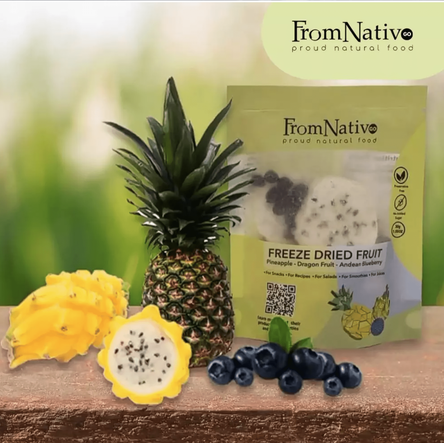 FromNativoGo | Freeze Dried Fruit Snack: Pineapple, DragonFruit, Andean Blueberry | 3Pack | 3.05OzE