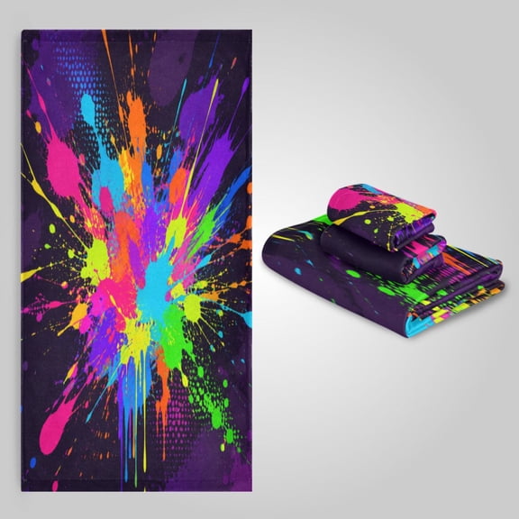3 Pack Towel Set - Bath Towel, Hand Towel & Washcloth for Daily Household Use Vibrant Paint Splatter