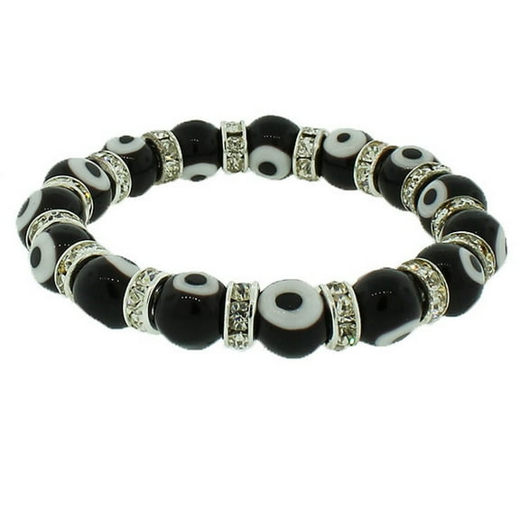 Fashion Alloy Black White CZ Beaded Stretch Cord Evil Eye Bracelet