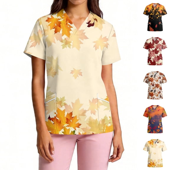 LNZGNM Women's Scrub Top Loose Fit Leaf Print V neck Short Sleeve Fashion Women Scrubs with Pockets,Earthy Yellow(S)