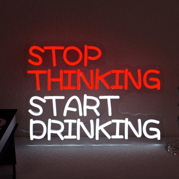 UPONRAY "STOP THINKING START DRINKING" Neon Sign 12.9 x 4.9 Inch - Red & White LED Neon Light, Dimmable & USB Powered, Fun Bar Pub Party Decor