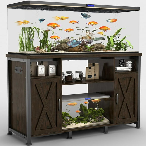 50-75 Gallon Fish Tank Stand with Power Outlets, Linor Heavy Duty Metal Aquarium Stand with Cabinet for Fish Tank Accessories Storage, 52" x 19.7" Tabletop, 1200lbs Capacity (Two Door, Upgraded)
