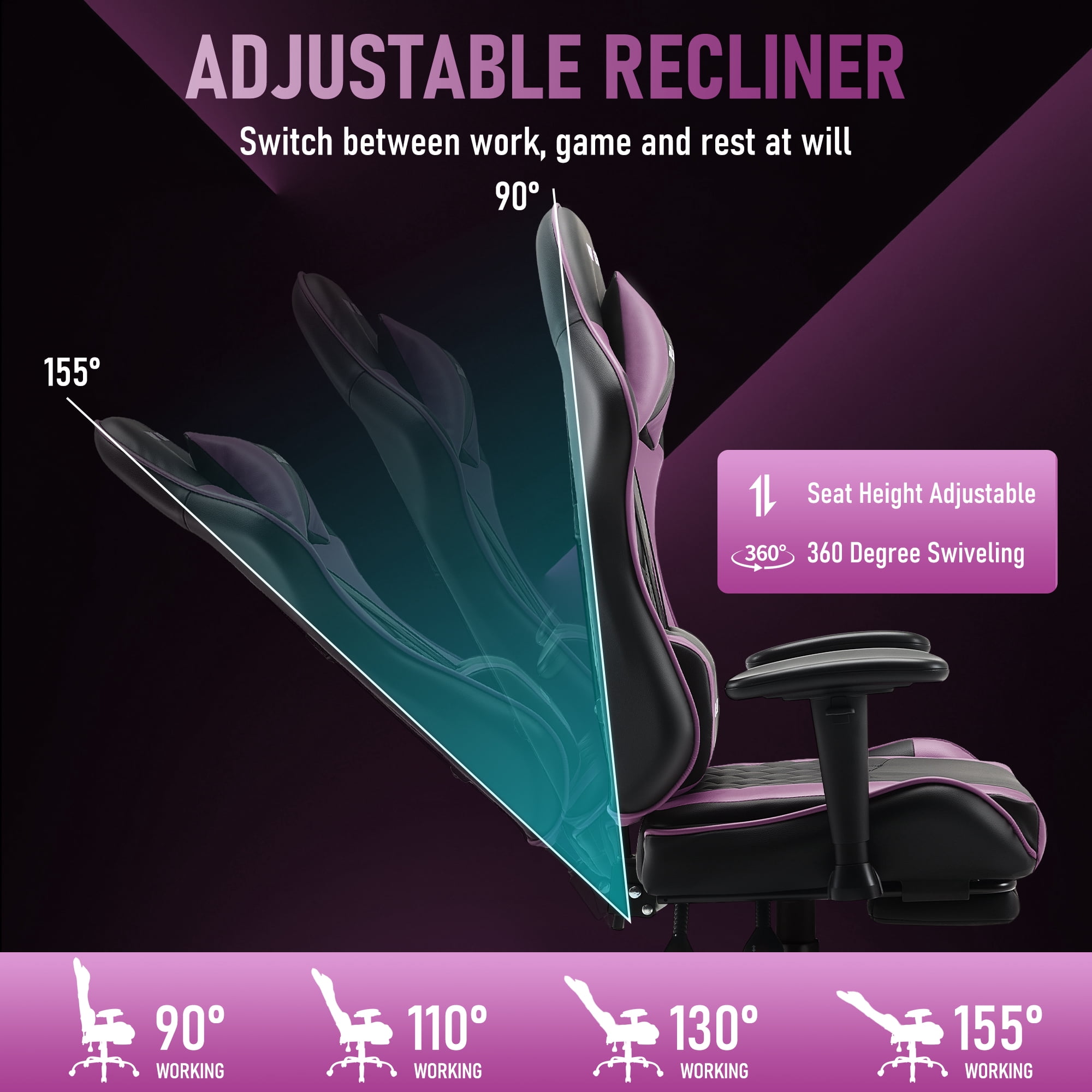 JONPONY Big and Tall 500LBS Gaming Chair, Ergonomic Design with 2D Armrests,PU Leather with Footrest and Lumbar Support, High Back Office Chair Support 8 Hours Long Sitting, Computer Chair,Purple