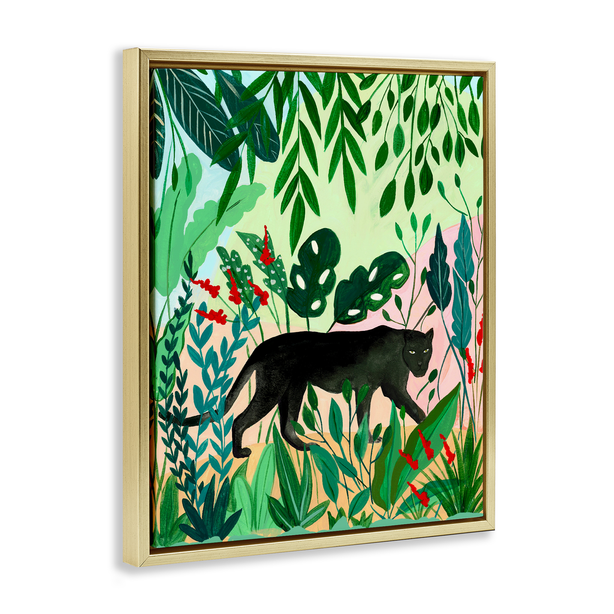 Stoic Panther Tropical Forest Gold Framed Floater Canvas Wall Art, design by Nabeela Rumi