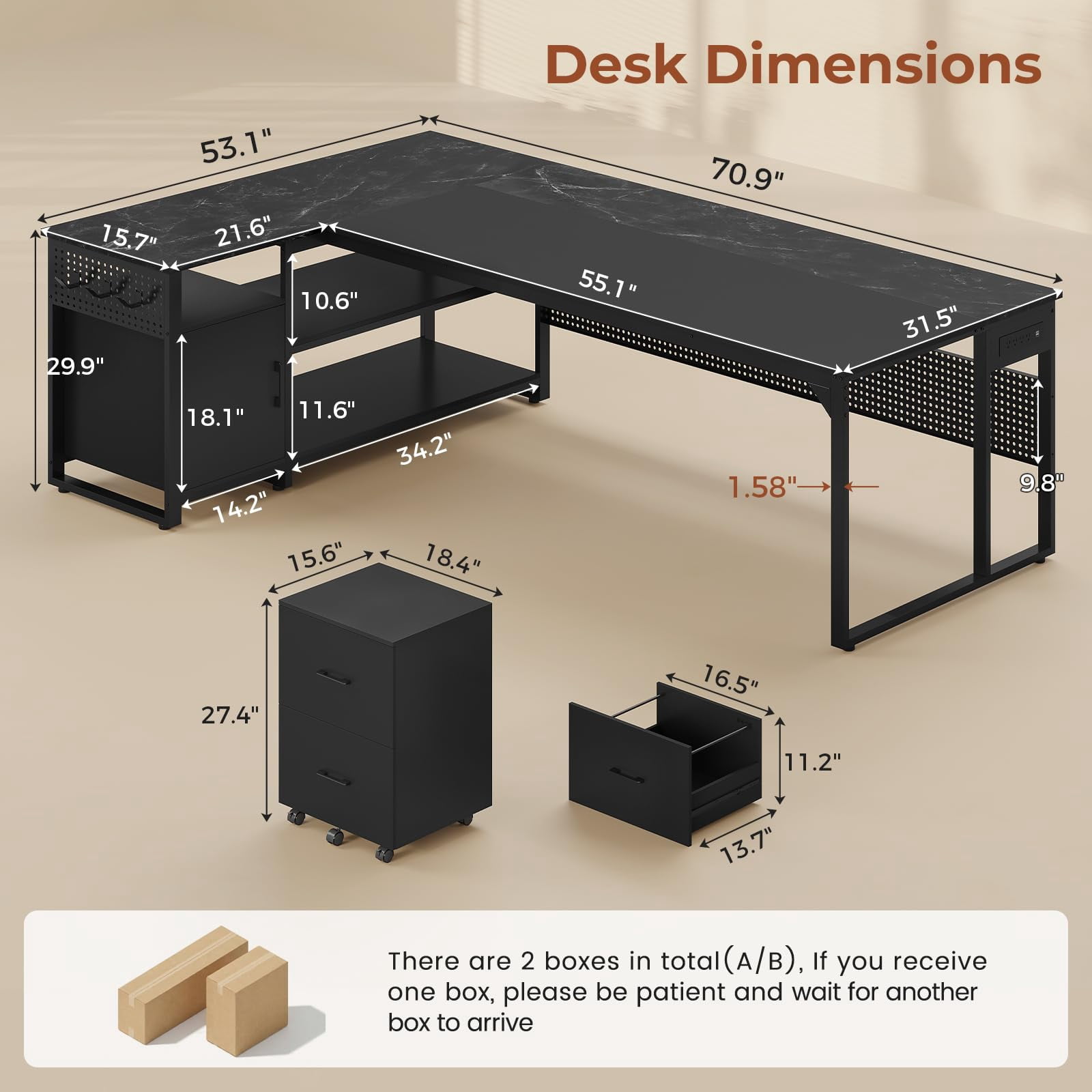 71" Executive Desk with Rolling File Cabinet, L Shaped Reversible Home Office Desk with Power Outlets, Drawers, Shelves, Hooks, Black