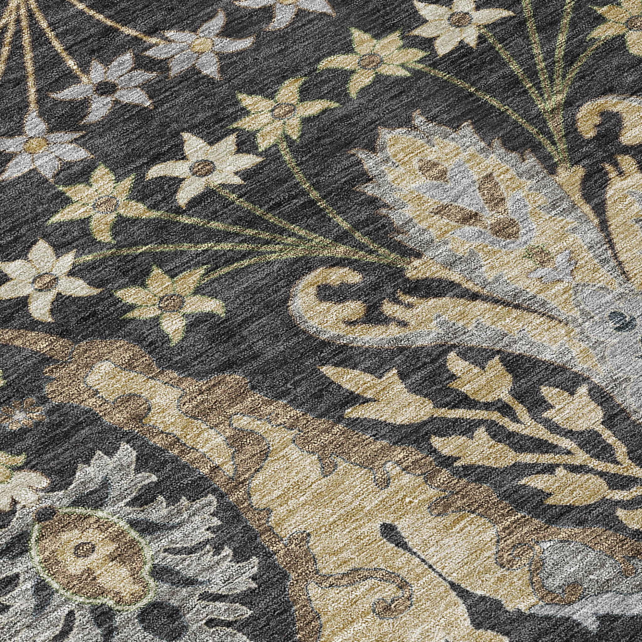 5' X 8' Black Green And Brown Floral Washable Indoor Outdoor Area Rug