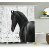 Equestrian Shower Curtain, Black Friesian Sport Horse Portrait on a Snowy Winter Background Novelty Picture, Fabric Bathroom Set with Hooks, 69W X 75L Inches Long, White, by Ambesonne