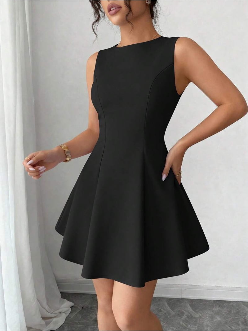 Black Sleeveless Boat Neck A-Line Mini Dress For Women Formal Cocktail Party Wedding Guest