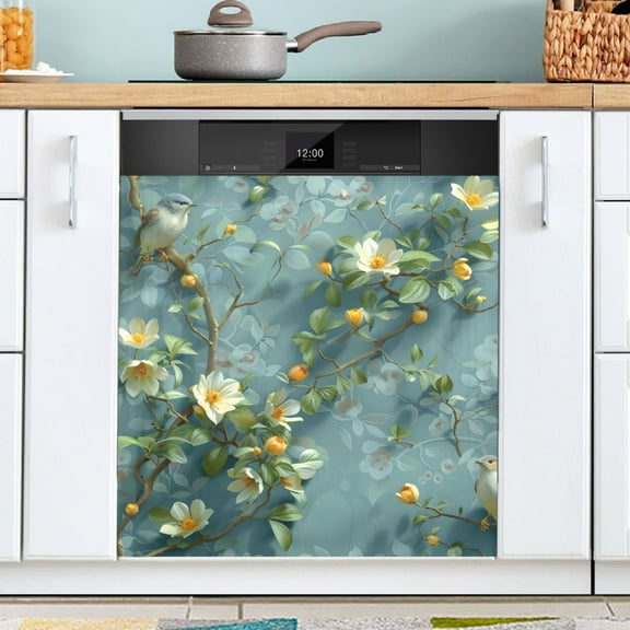 Ryvnso Birds and Beautiful Floral Dishwasher Magnetic Refrigerator Magnet Cover Kitchen Home Decorative 23"x26"
