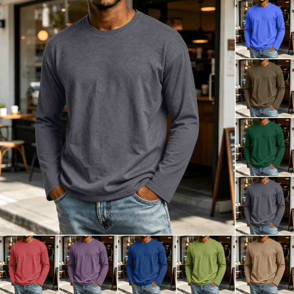 Men's Long Sleeve Shirt Stylish Crew Neck Solid Color T Shirts Lightweight Breathable Regular Fit T-Shirts for Athletic Casual Travel Dark Gray 3XL