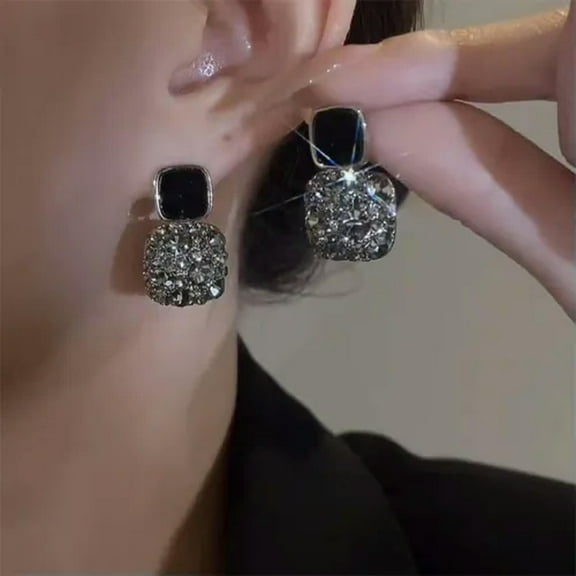 EOEMY Wedding Geometric Square Crystal Stud Earrings Drop Dangle Women Jewelry Gift-Black