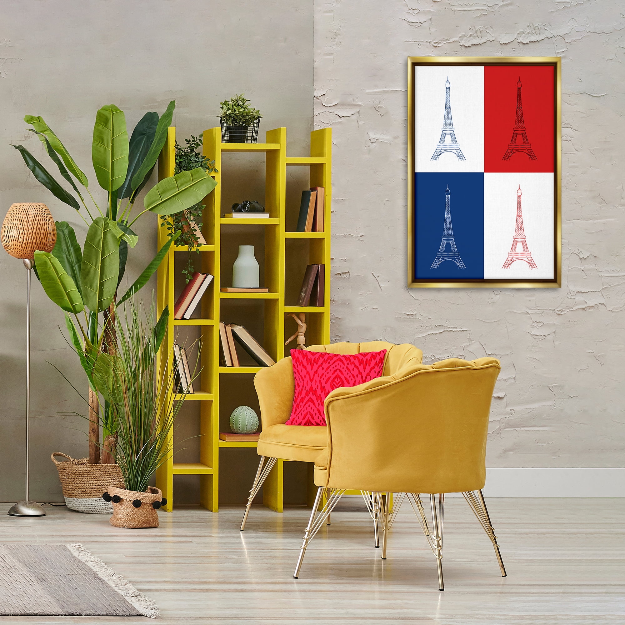 Stupell Industries France Flag Eiffel Tower Buildings & Architecture Painting Gold Floater Framed Canvas Art Print Wall Art, 21 x 31