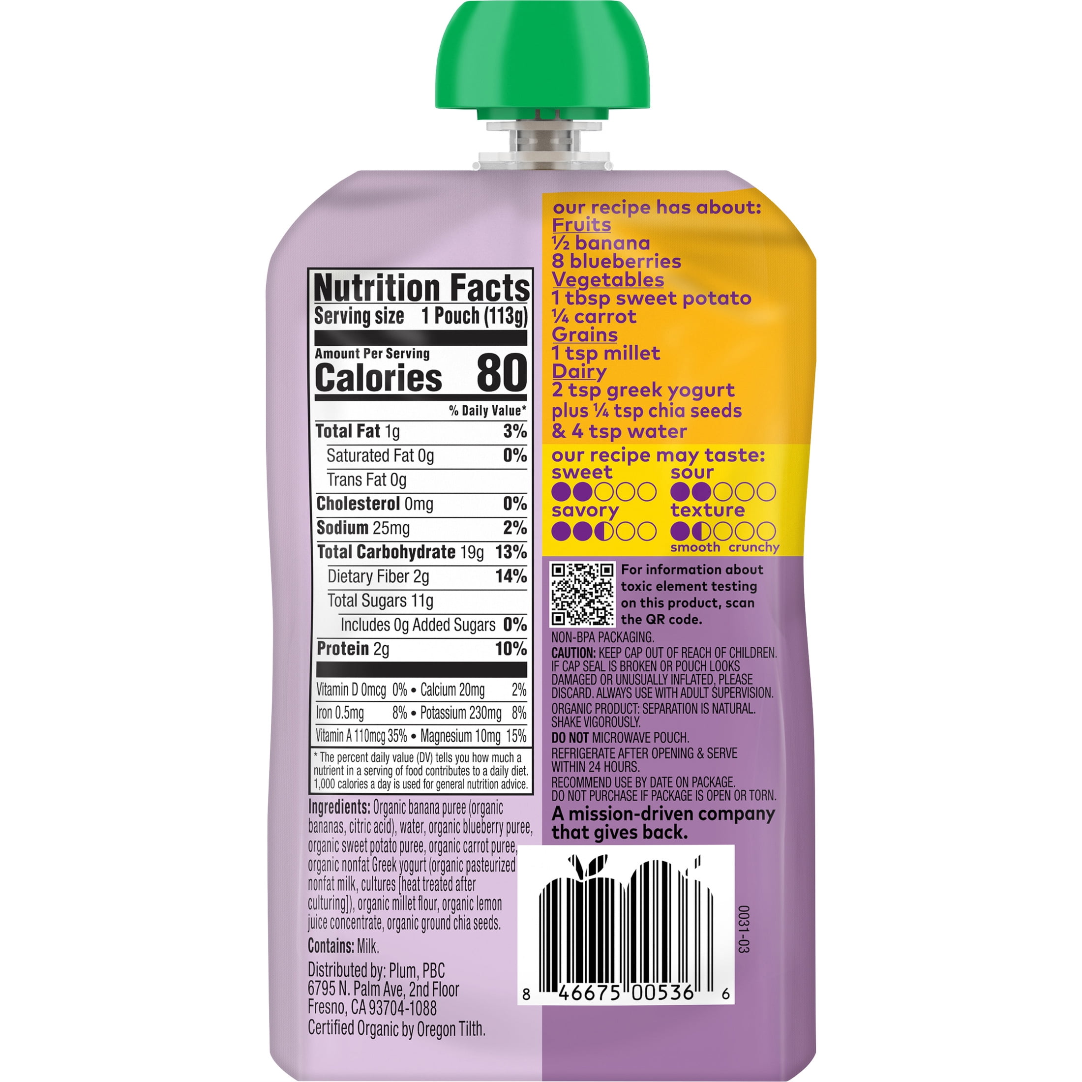 (4 pack) Plum Organics® Tots Mighty 4 Food Group Blend Banana, Blueberry, Sweet Potato, Carrot, Greek Yogurt + Millet 4oz Pouch