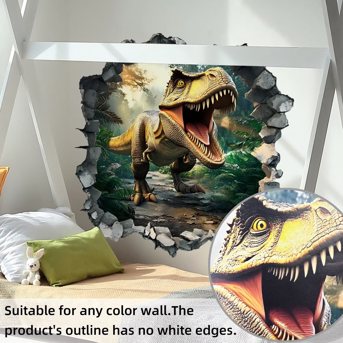 3D Broken Dinosaur Wall Decals for Boys Room, Break Through The Wall decal Peel and Stick Wall Art Decals Vinyl Wall Sticker for for Kids Bedroom Nursery Playroom Classroom