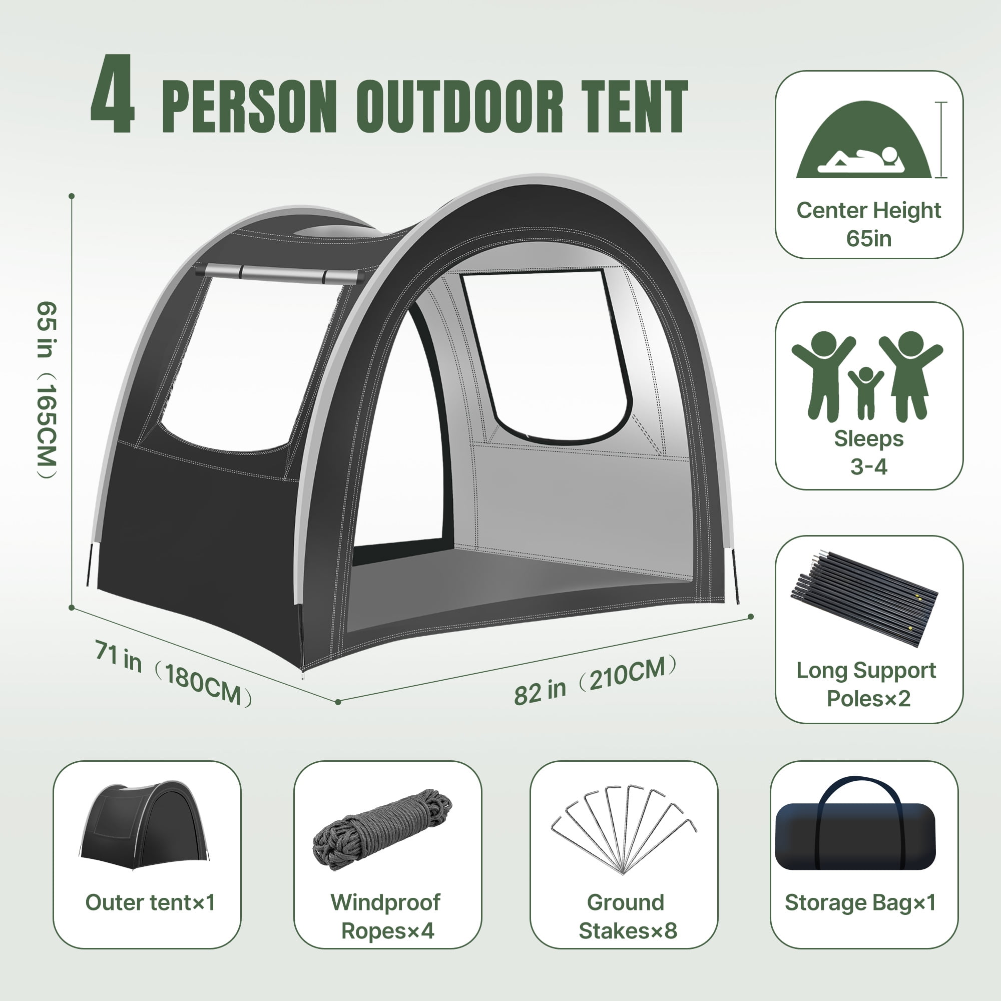 Tunnel-style camping tent, 3-4 person extra spacious, mesh breathable / PVC waterproof / Oxford fabric wear-resistant material, top skylight design, portable lightweight and easy to install