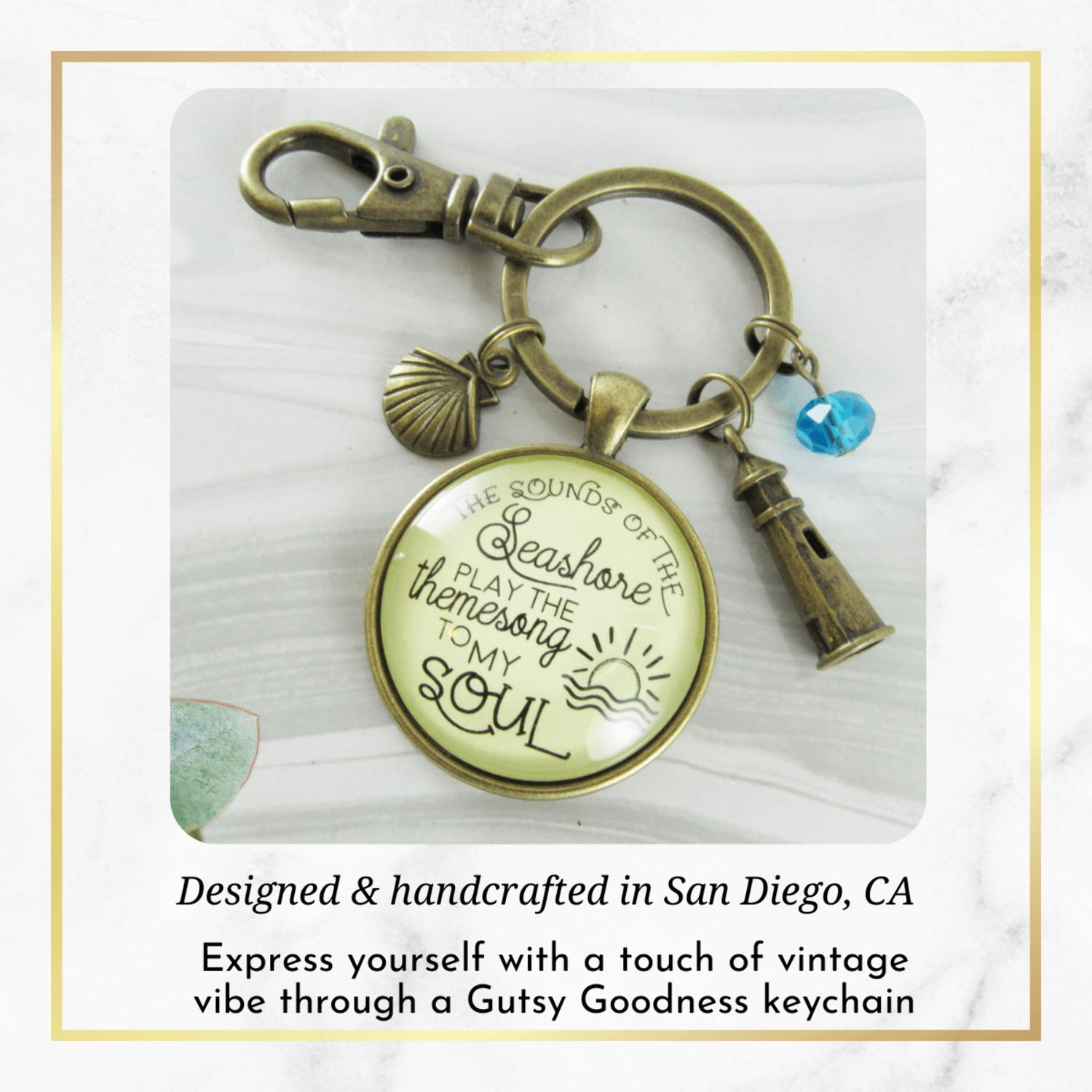 Beach Gutsy Goodness Bronze Keychain Sounds of Seashore Nautical Ocean Theme Jewelry Lighthouse Shell