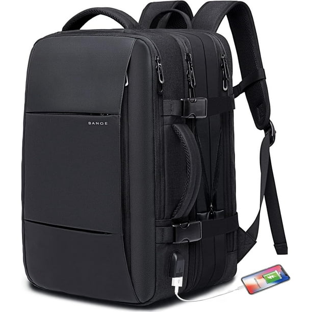 Bange Mochila Travel 35L Mochila Impermeable para Computadora Laptop de 17,3 "Puerto de Carga USB Hombres Mujeres Equipaje de Mano Expandible de Fin de Semana, Negro