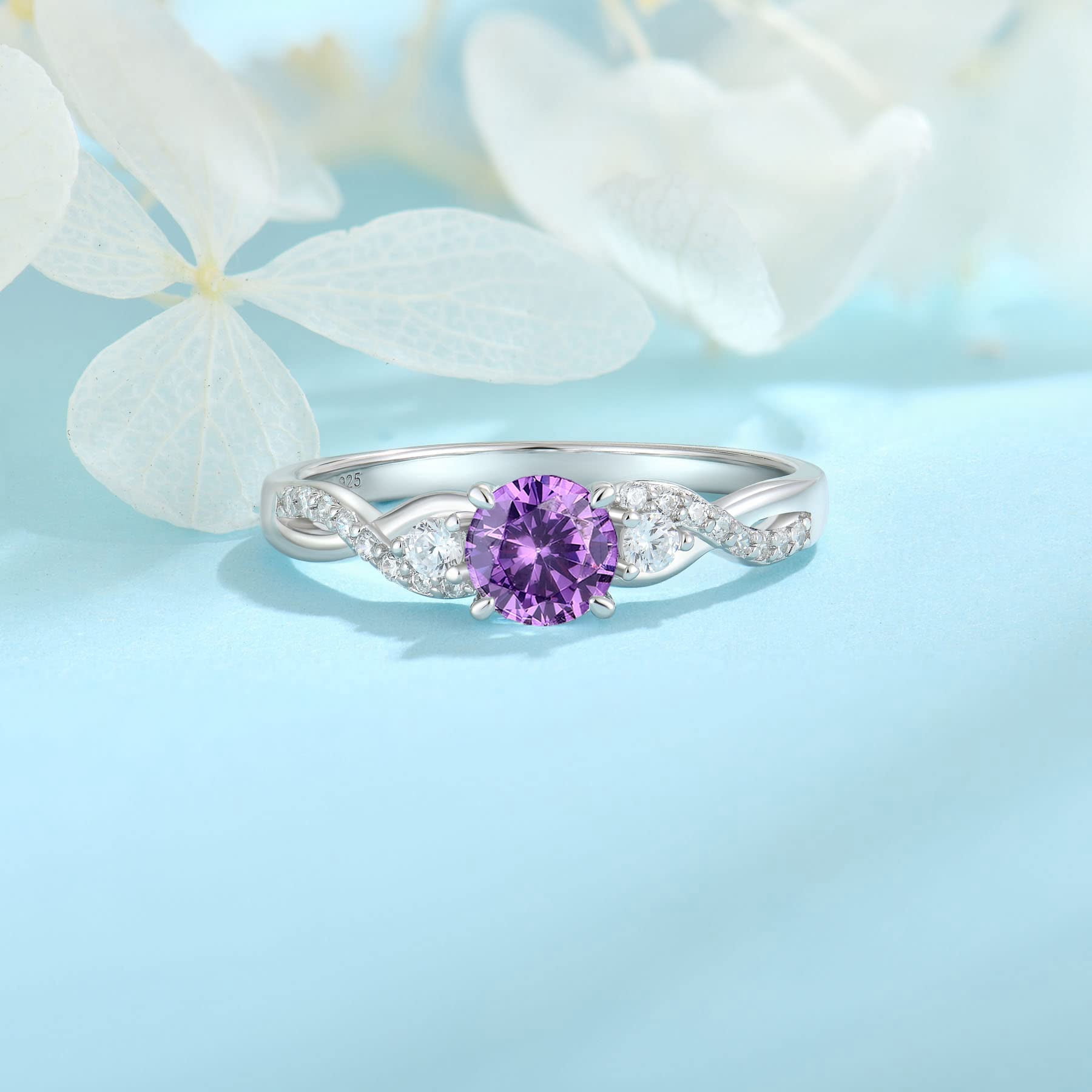 FJ Promise Rings for Her 925 Sterling Silver Engagement Ring Anniversary Wedding Eternity Ring Amethyst February Birthstone Jewelry for Women Size 8