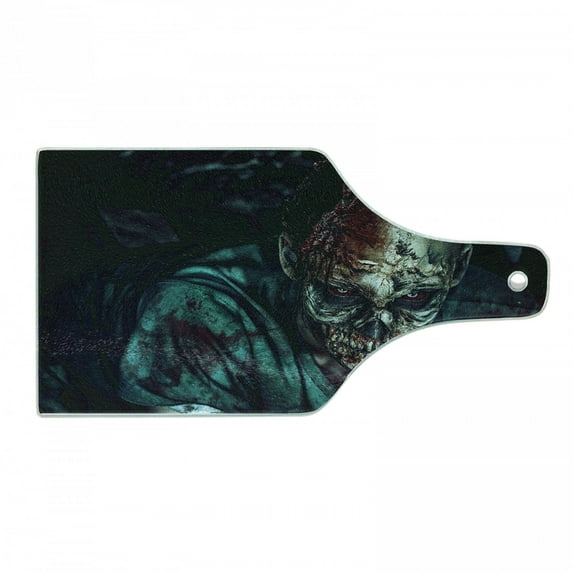 Zombie Cutting Board, Man Shot in Head with Bloody Details Fearful Monster Design Vampire Fantasy Print, Tempered Glass Cutting and Serving Board, Wine Bottle Shape, Multicolor, by Ambesonne