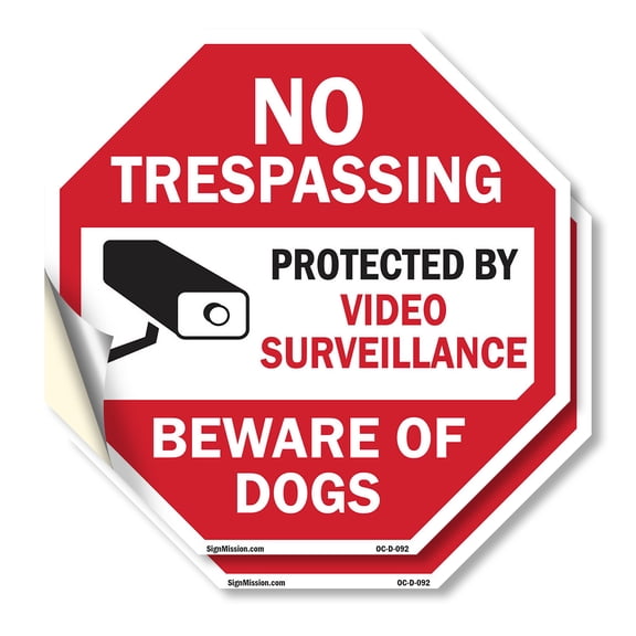 No Trespassing Protected by Video Surveillance Beware of Dogs (2 Pack) 6 inch X 6 inch Octagon Vinyl Label Decal Sticker Weather Resistant, UV Protected for Workplace, Made in the USA