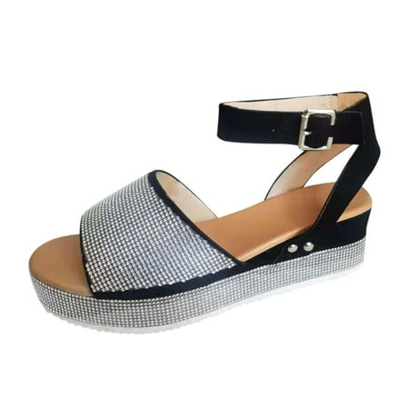 

GNEIKDEING Womens Summer Flat Crystal Rhinesto Buckle Strap Sandals Outdoor Round Toe Shoes Gift on Clearance