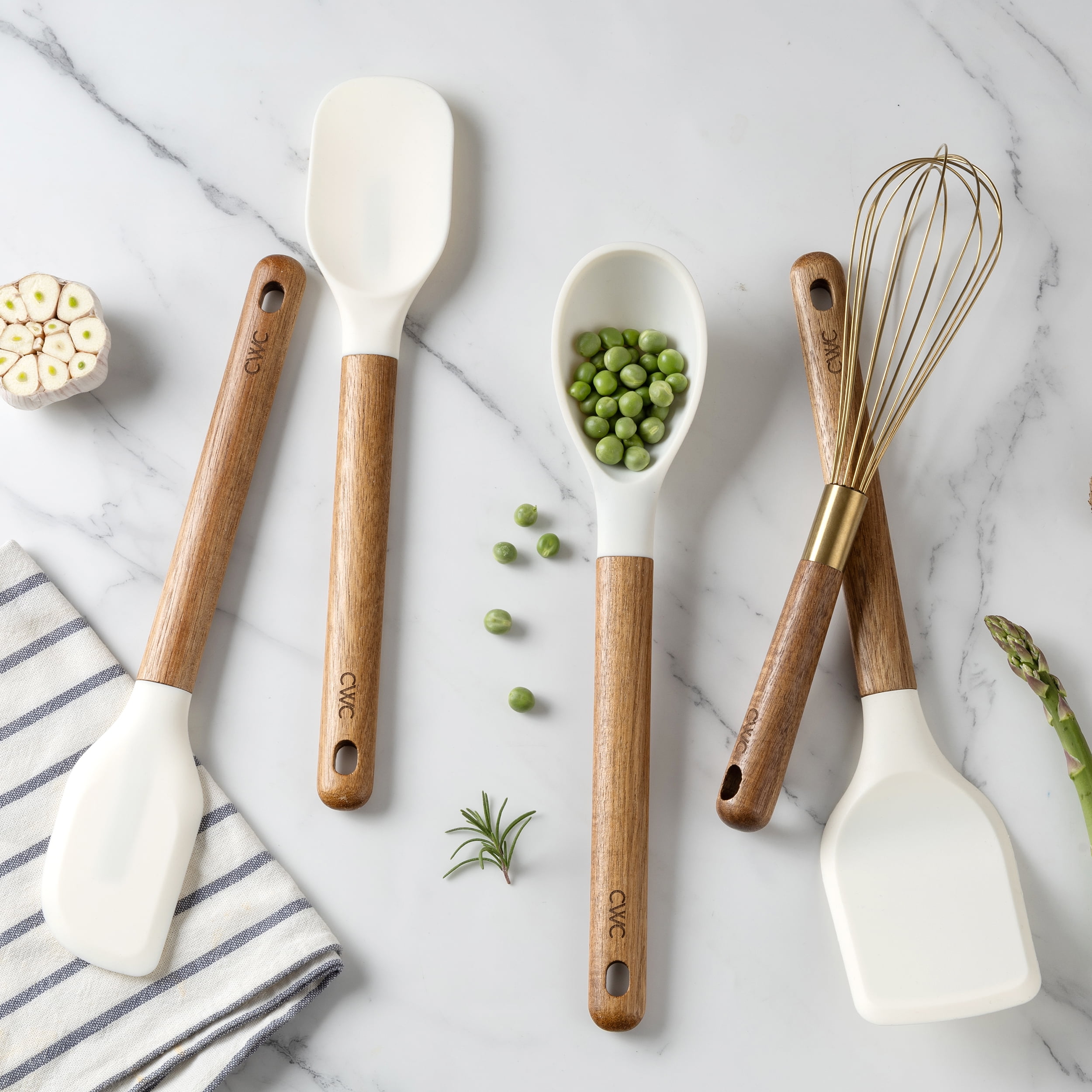 Cook with Color 5-Piece Wooden Cooking Utensils Set with Silicone Heads, Stylish & Durable Kitchen Tools