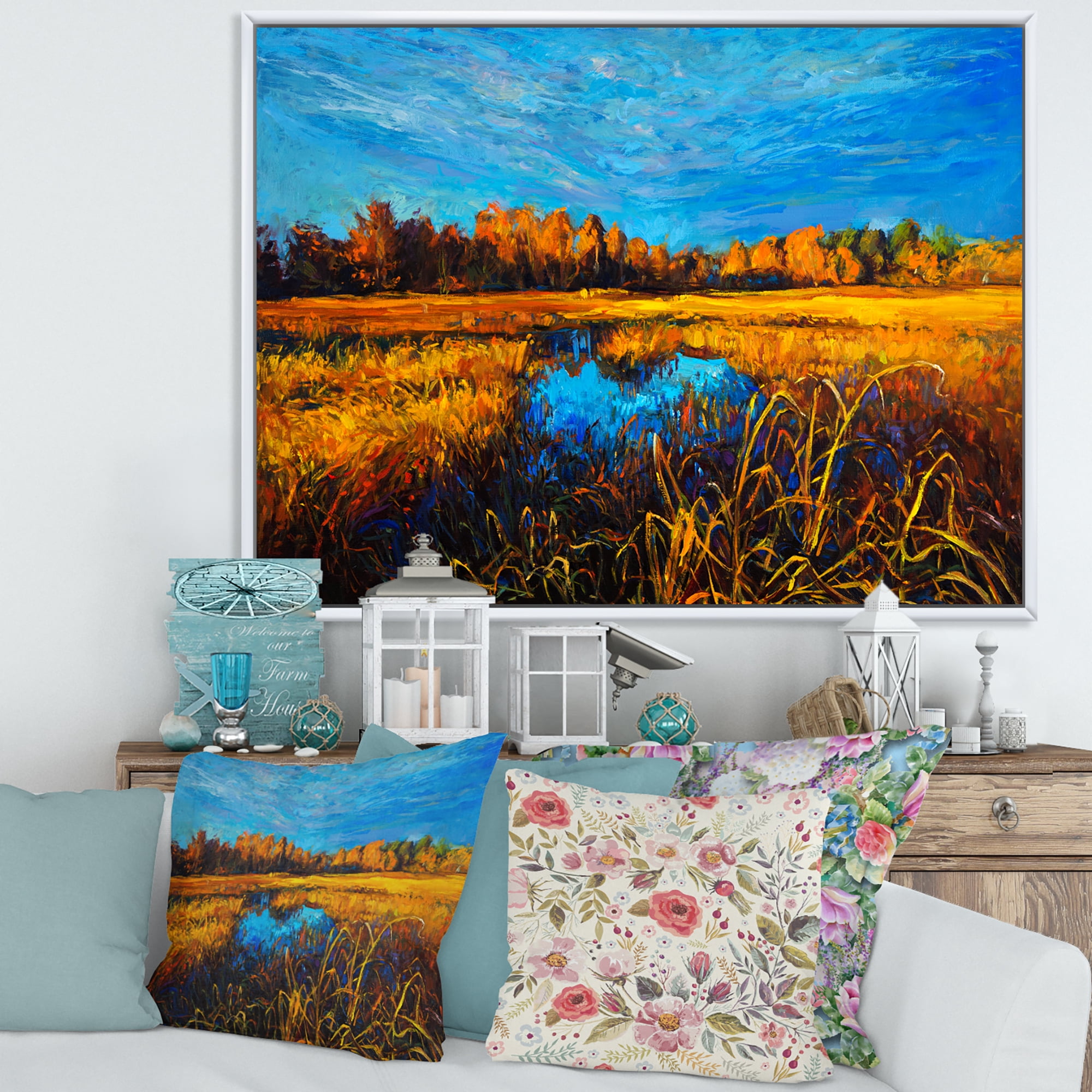 A Light Blue Sky Over Orange Meadows 32 in x 24 in Framed Painting Canvas Art Print, by Designart
