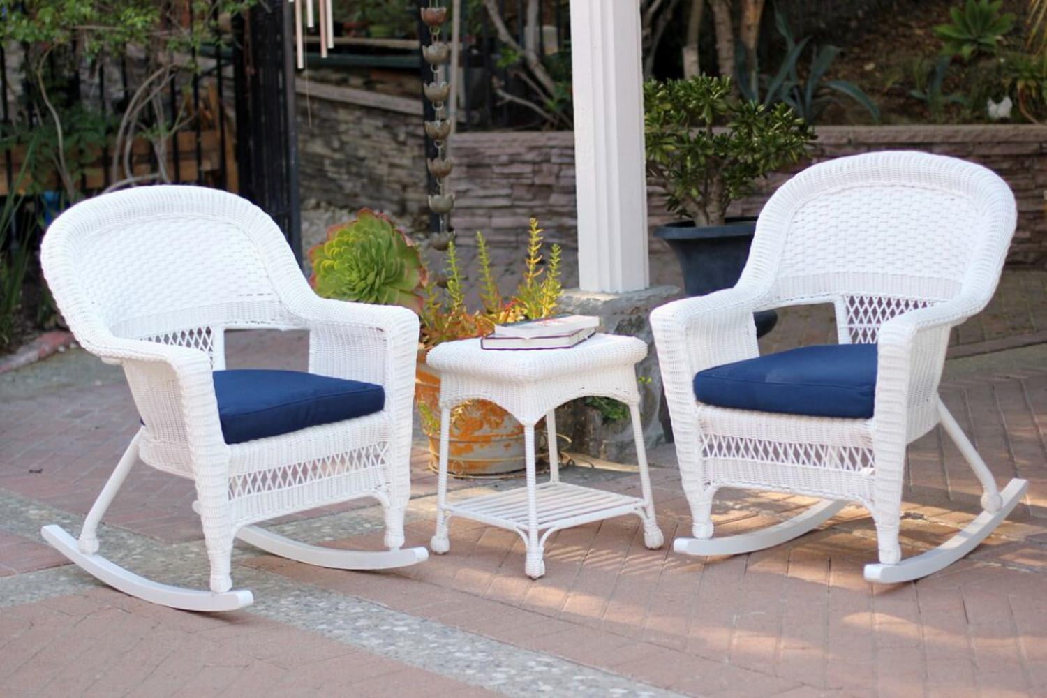 3-Piece Ariel White Resin Wicker Patio Rocker Chairs and Table Furniture Set Blue Cushions by CC Outdoor Living