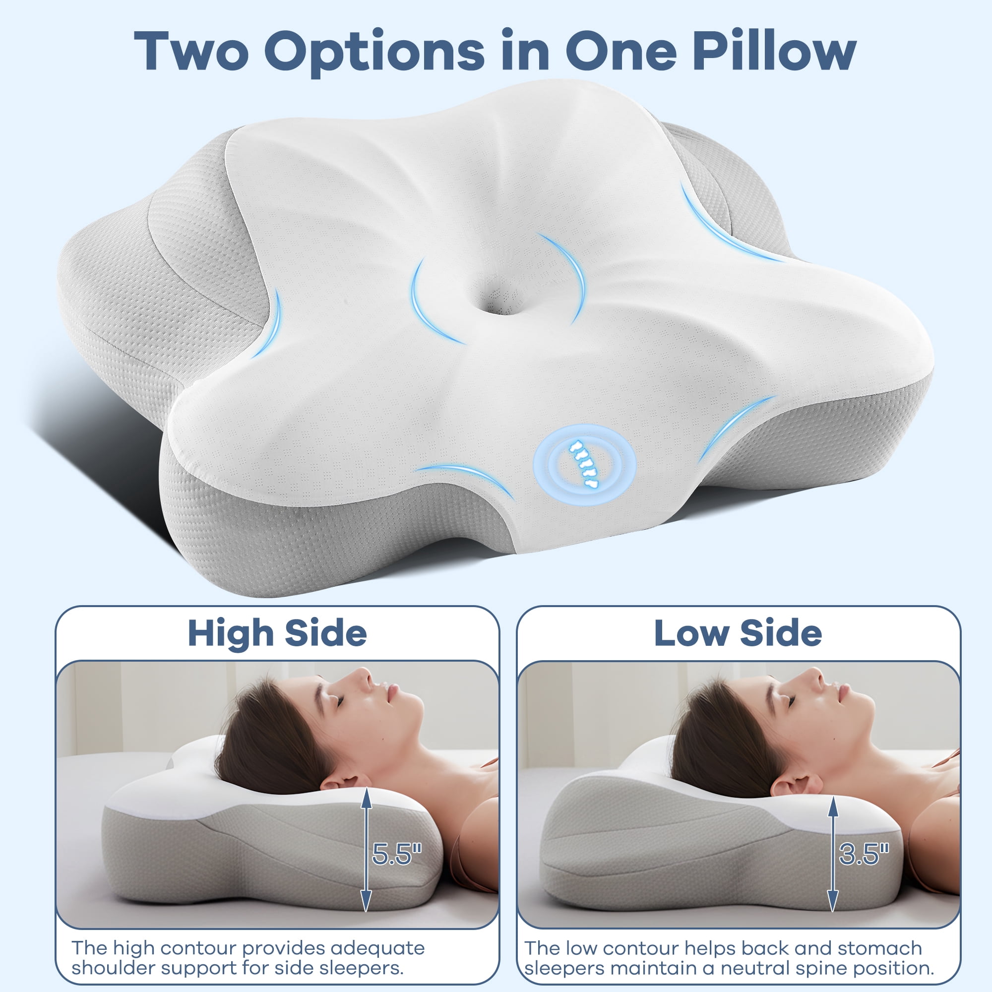 KAIPARA Cervical Pillow for Neck and Shoulder, Contour Memory Foam Pillow, Dual-Height Ergonomic Neck Support for Back, Side, Stomach Sleepers with Pillowcase, Gray