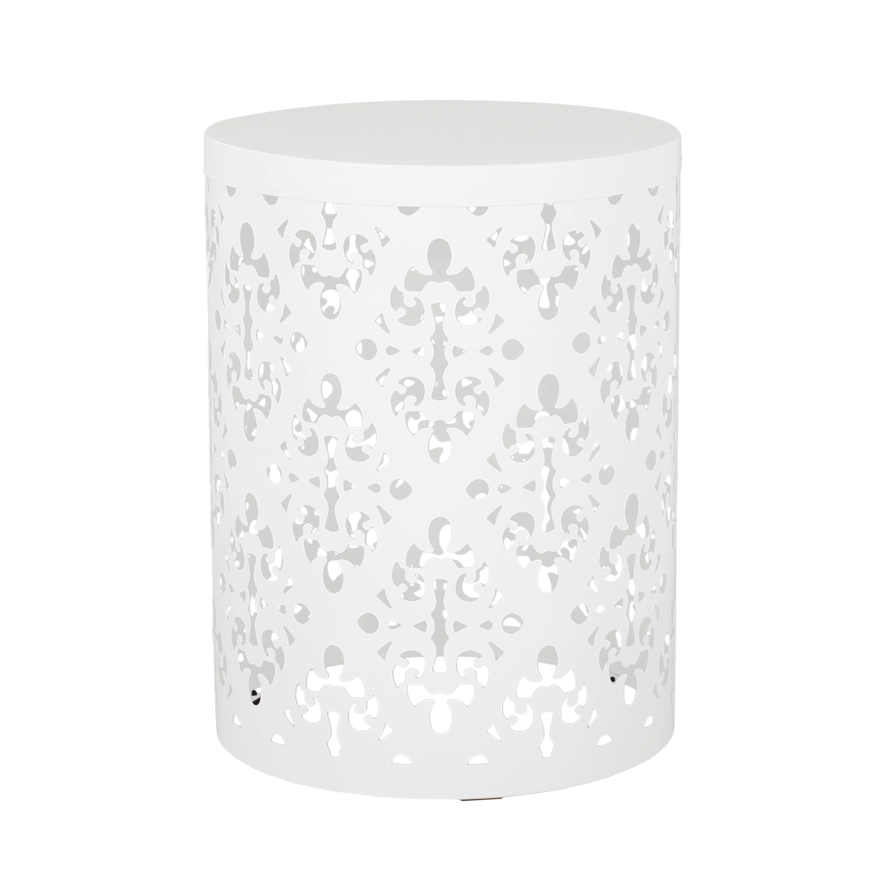 Outdoor Large Cylindrical Side Table, Floral Pattern Hollow Out Iron Tabletop for Patio Garden, White