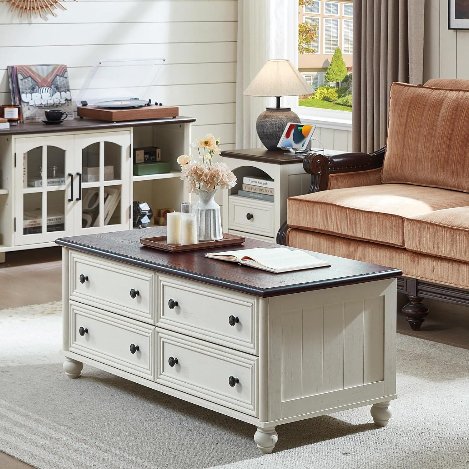 Leyaoyao Farmhouse Coffee Table with Drawers, Rectangular Rustic Center Table with Hidden Storage for Living Room, Office, White