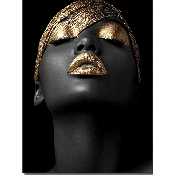 Gold Makeup Black Woman Canvas Wall Art，Perfect for Bedroom，Living Room，Bathroom，Office， and Hallway Decoration.