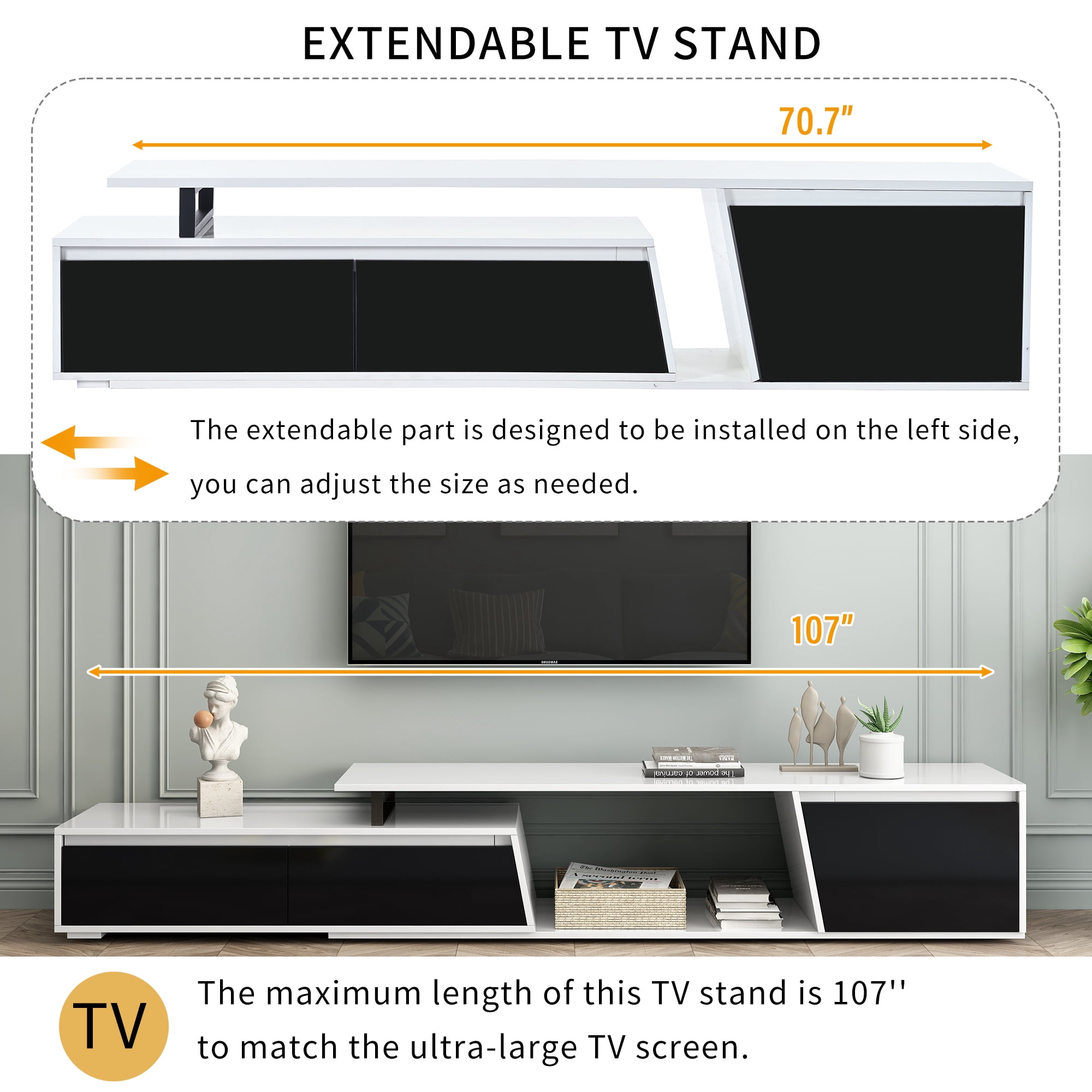 Aukfa Extendable TV Stand for TVs up to 100" with Storage Drawers & Cabinet for Living Room,White