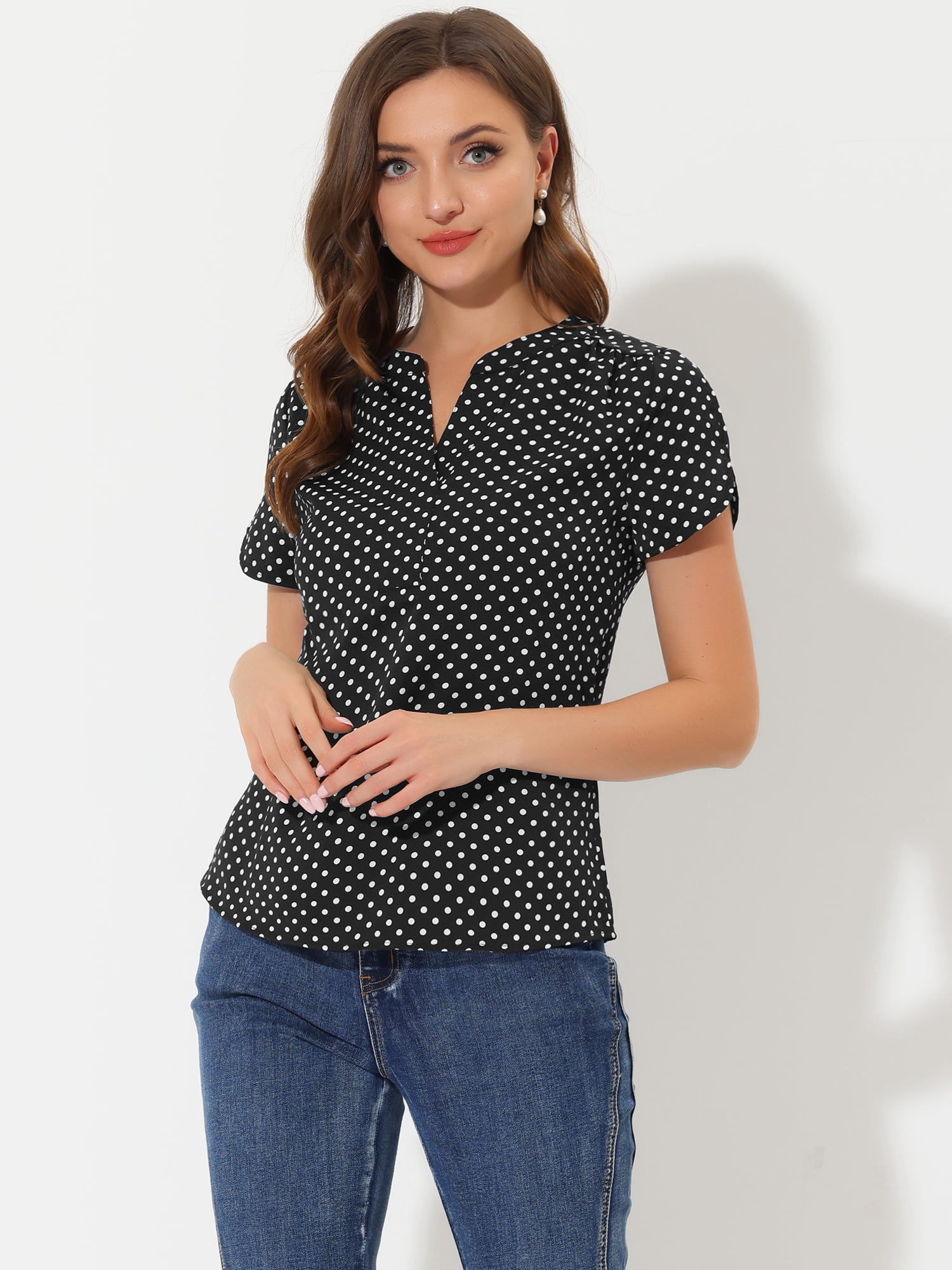 DARING DIVA V Neck Dots Printed Work Office Blouse Top M Black