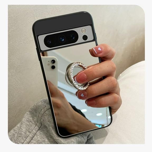 Allytech Mirror Case Cover for Google Pixel 8 Pro 6.7" 2023 Released, Shockproof Protective Anti-ScratchRing Holder with Glitter Diamond Makeup Case Cover for Google Pixel 8 Pro -
Silver