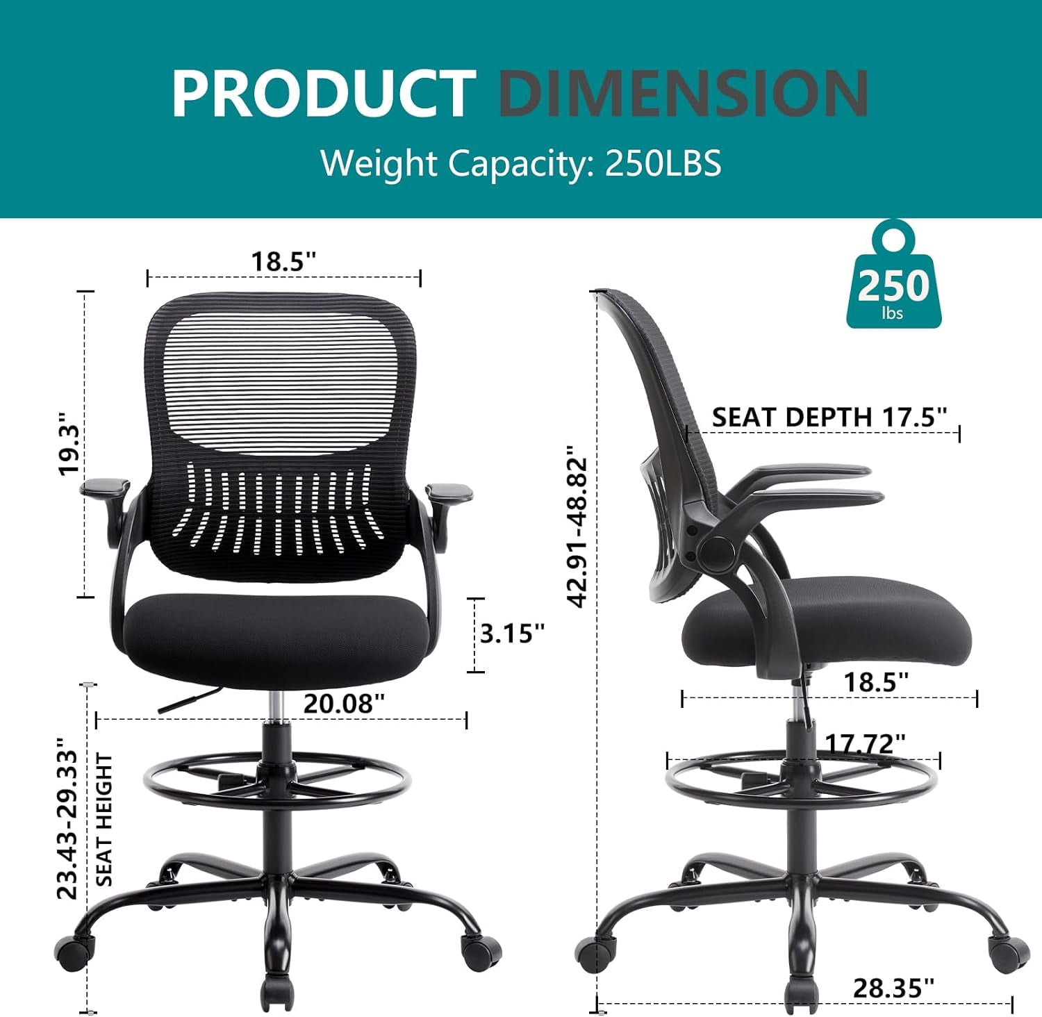 Howcool Drafting Chair Tall Office Chair with Adjustable Foot Ring, Height Adjustable Swivel Rolling Counter Height Chair for Standing Desk Home Office