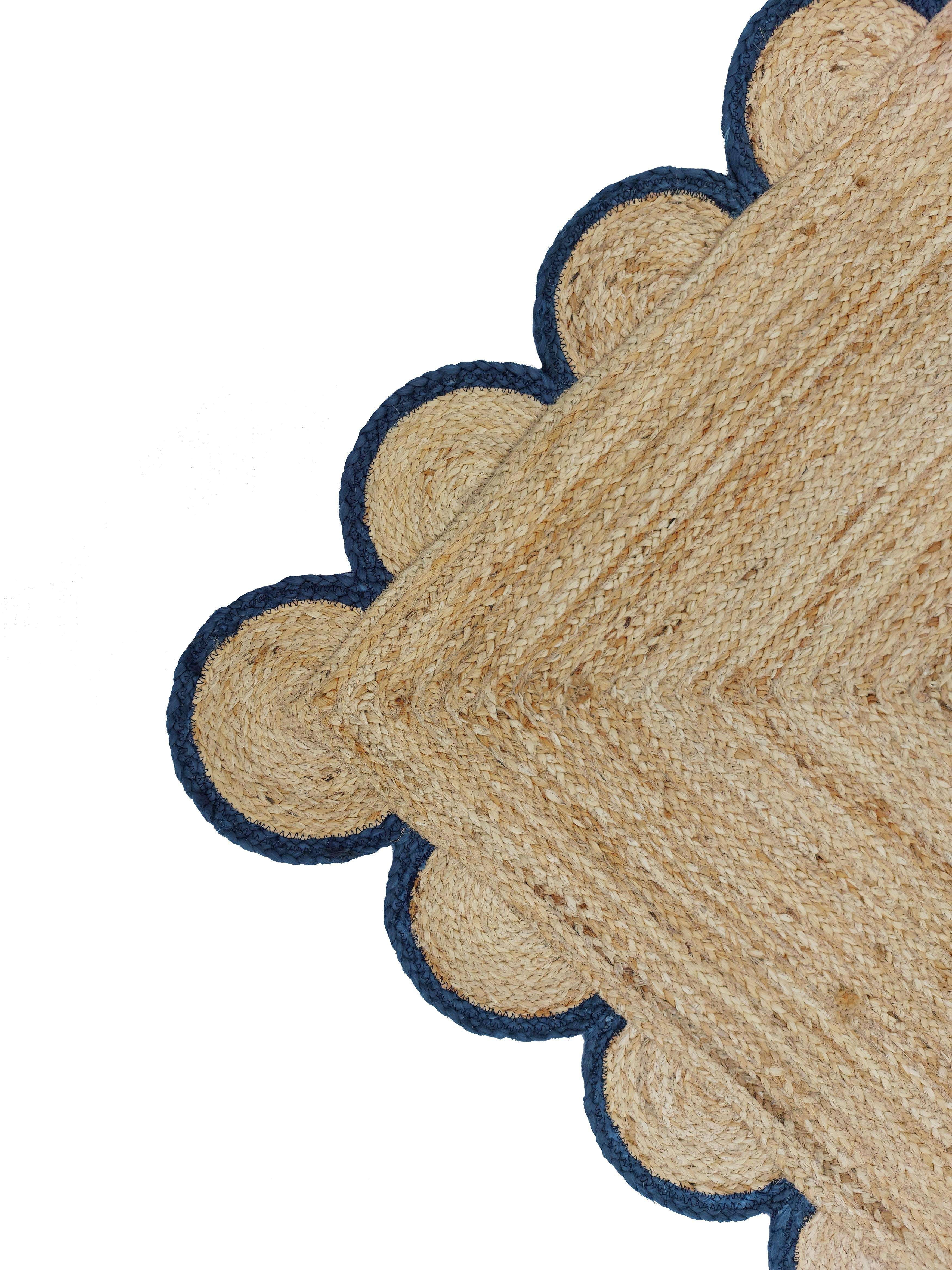 Jute Area Rug For Home And Living Room Décor Rectangular Scalloped Natural Jute Carpet Area Rug Navy 9' x 12' BY KALVEERA