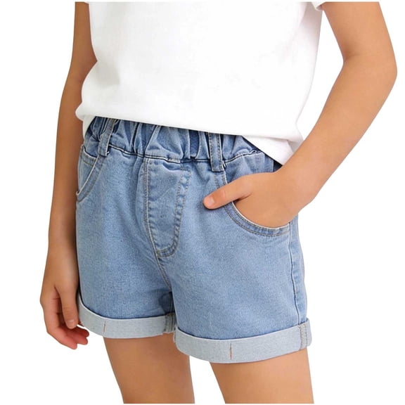 Aezemi Girls Cuffed Hem Jean Shorts, Toddler Kids Elastic Waist Outdoor Jean Bottoms, Little Girlss Summer Washed Trendy Bottoms with Pockets 3-4T