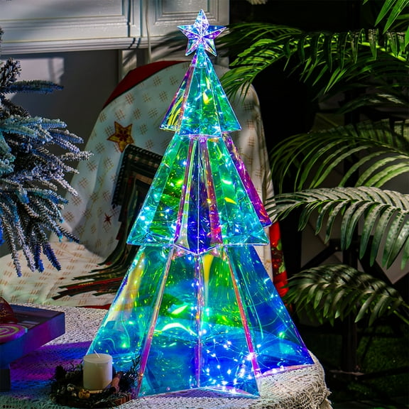 Christmas Decorations Prismatic Iridescent Christmas Tree with LED Lights USB Powered Lighted Hexagonal Three-layer Desktop Christmas Tree Decorations for Party Holiday Home Decor