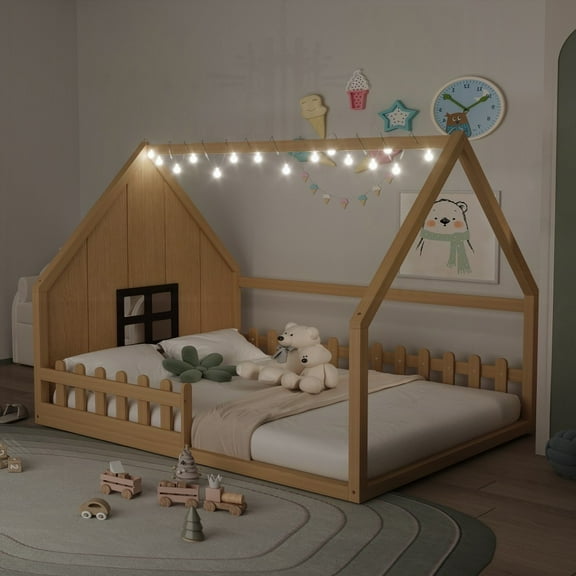 Natural Full Size Wood House Bed Featuring Fence & Window, Sturdy Construction